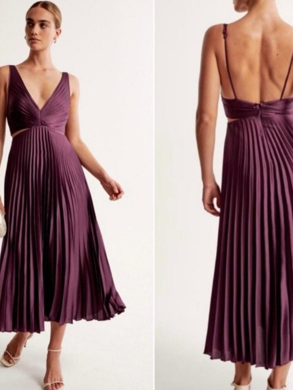 NWT ABERCROMBIE & FITCH Plum Pleated V-Neck Midi Dress Adjustable Straps Sz MT